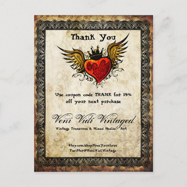 Cartão Postal Vintage Tatto Winged Heart Obrigado Coupon (Frente)
