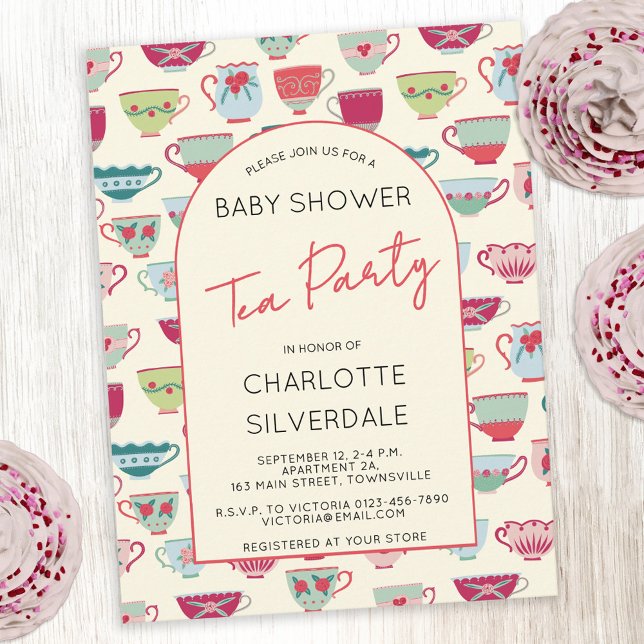 Cartão Postal Vintage Tea Party Baby Shower Invitation (Modern vintage tea cups themed personalized baby shower tea party invitation postcard)