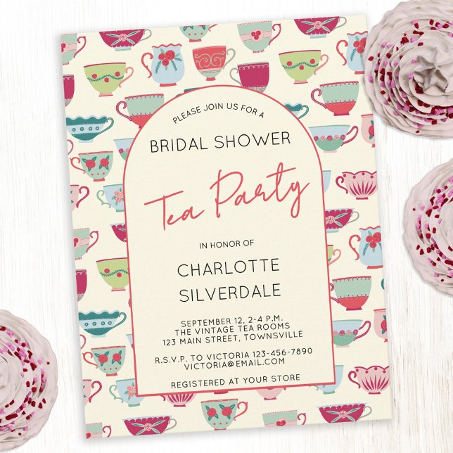 Cartão Postal Vintage Tea Party Bridal Shower Invitation (Modern vintage tea cups pattern bridal shower tea party invitation postcard)