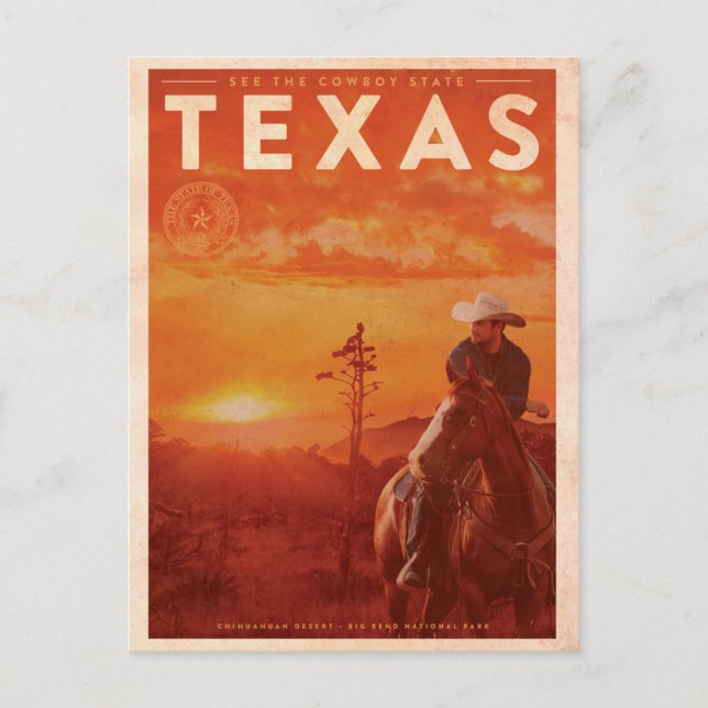 Cartão Postal Vintage Texas Cowboy Viagem (Frente)