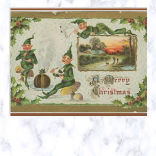 Cartão Postal Vintage Three Elves e Plum Pudim no Natal