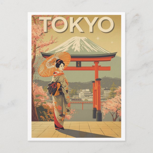 Cartão Postal Vintage Tokyo Cherry Blossom Fuji (Frente)