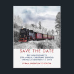 Cartão Postal Vintage Train Winter Christmas Cena Salvar a Data<br><div class="desc">Um cartão postal com uma fotografia de uma paisagem de inverno nevada com pinheiros cobertos de neve. Um trem vermelho,  dourado e preto à moda antiga,  viajando pela natureza selvagem. Conjuga os pensamentos de voltar para casa no Natal.</div>