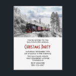 Cartão Postal Vintage Train Winter Christmas Party<br><div class="desc">Uma festa de Natal convida o cartão postal com uma fotografia de uma paisagem de inverno nevada com pinheiros cobertos por neve. Um trem vermelho,  dourado e preto à moda antiga,  viajando pela natureza selvagem. Conjuga os pensamentos de voltar para casa no Natal.</div>