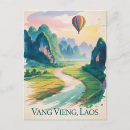 Cartão Postal Vintage Vang Vieng Laos Viagem aquarela