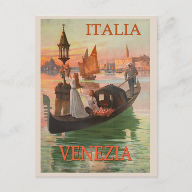 Cartão Postal Vintage Veneice Itália Gondola Viagem (Frente)