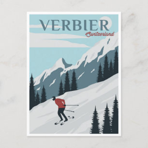 Cartão Postal Vintage Verbier Suiça Viagem de aquarela