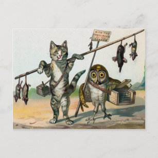 Cartão Postal Vintage Victorian Cat and Owl