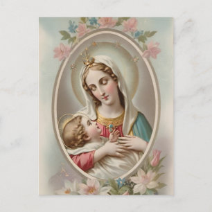 Cartão Postal Vintage Virgem Maria com Cartaz de Jesus Criança