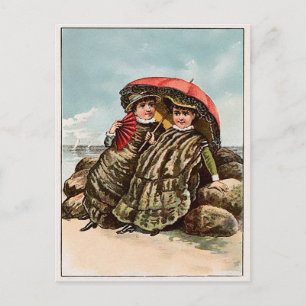 Cartão postal vintage vitoriano de ostras na praia