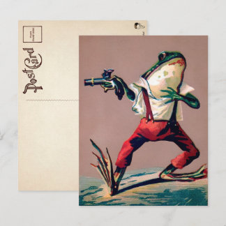 Cartão postal vintage vitoriano de sapo com arma