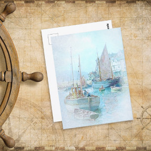 Cartão Postal Vintage Watercolor Barcos a Navegação no Porto