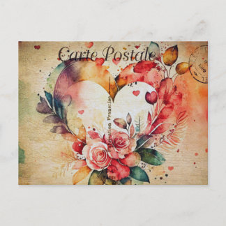 Cartão Postal Vintage Watercolor Heart & Flowers 1