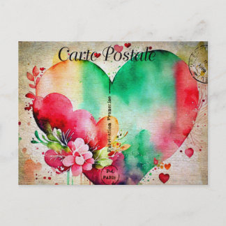Cartão Postal Vintage Watercolor Heart & Flowers 2