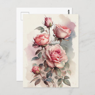 Cartão Postal Vintage Watercolor Rosas Rosa