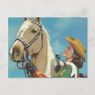 Cartão Postal Vintage Western Cowgirl e Palomino Horse