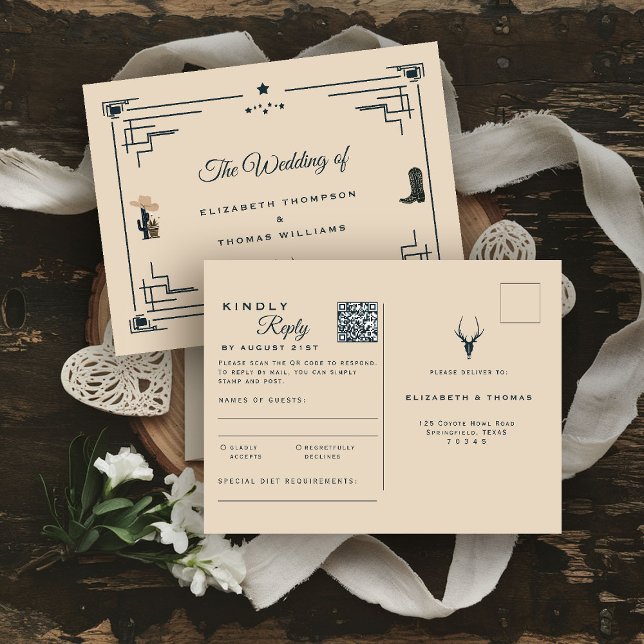 Cartão Postal Vintage Western QR Code RSVP (western wedding rsvp postcard cowboy cowgirl country rustic ranch barn outdoor vintage elegant)
