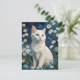 Cartão Postal Vintage White Cat Flores Blue Retrato Van Gogh