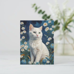Cartão Postal Vintage White Cat Flores Blue Retrato Van Gogh
