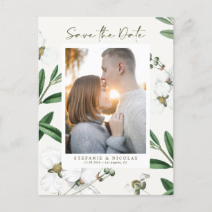Cartão Postal Vintage White Flower Botanical Photo Save the Date