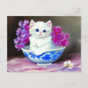 Cartão Postal Vintage White Kitten com Flores Rosa