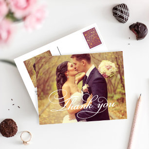 Cartão Postal Vintage White Script Casamento Foto Obrigado