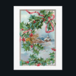 Cartão Postal Vintage Winter Rural Village e Christmas Holly<br><div class="desc">Cena de inverno rural encantadora,  com cascas cobertas de neve,  montanhas e árvores na fronteira da cinza clara e festivas,  amarradas com fita vermelha. Recursos gráficos complementares especialmente projetados com campos de texto editáveis.</div>
