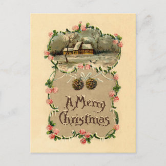 Cartão Postal Vintage Winter Scense w/Floral Border