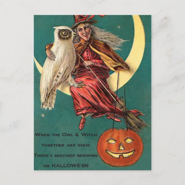 Cartão postal Vintage Witch e Owl (Frente)