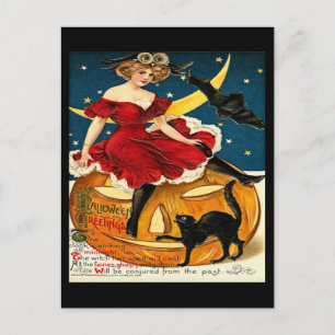Cartão Postal Vintage Witch Pumpkin Saudações de Halloween
