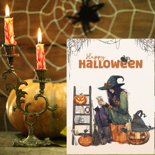 Cartão Postal Vintage Witch Tarot Pumpkin Watercolor Halloween