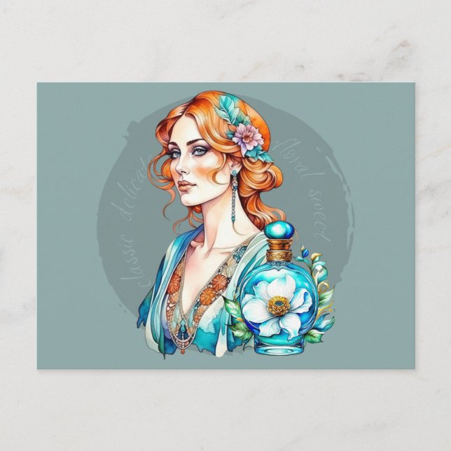 Cartão Postal Vintage Woman e Teal Perfume Botão (Frente)