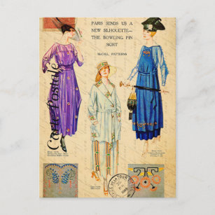 Cartão Postal Vintage Woman Modelando a Roupa de Moda de Paris