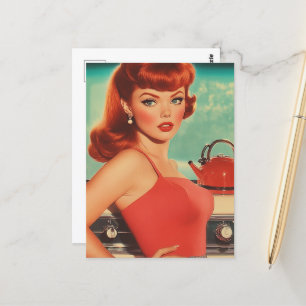 Cartão Postal Vintage Woman na cozinha em um vestido vermelho