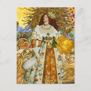 Cartão Postal Vintage Woman Ouro Sun: Leo Zodiac Collage Art