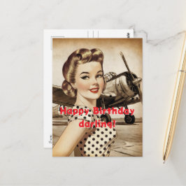 Cartão Postal Vintage Woman & WW2 Airplane, Elegante Birthda