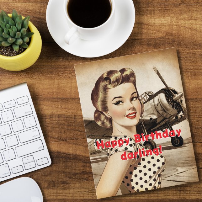 Cartão Postal Vintage Woman & WW2 Airplane, Elegante Birthda (Criador carregado)