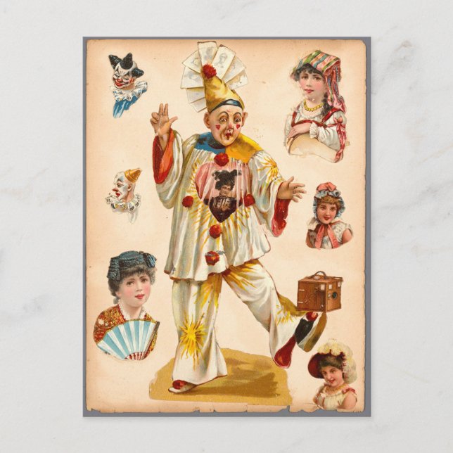 Cartão Postal Vintage Women & Circus Clowns Ephemera Collage (Frente)