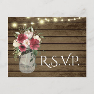 Cartão Postal Vintage Wood and Lights Jar Burgundy Floral RSVP P