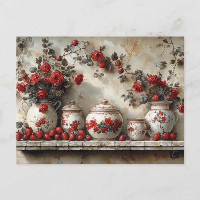 Cartão Postal Vintage Wood Shelf Rosas vermelhas Strawberry (Frente)