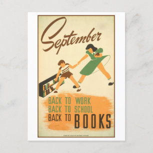 Cartão Postal Vintage WPA Biblioteca Poster setembro Leitura
