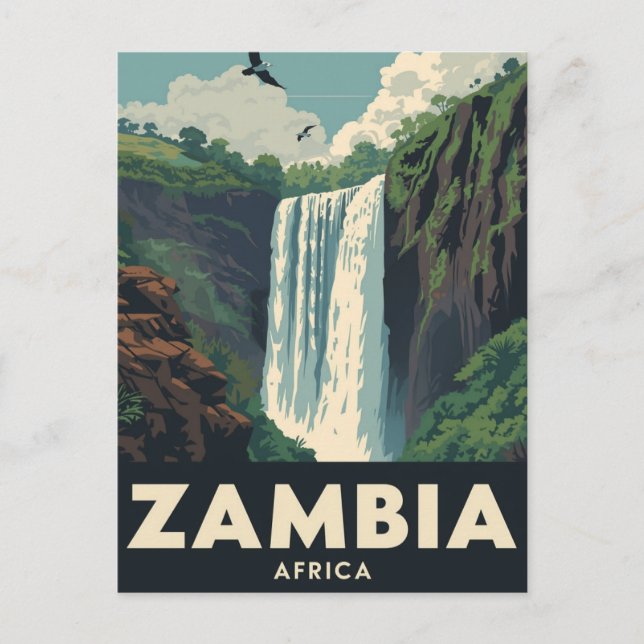 Cartão Postal Vintage Zambia Travel Poster Waterfall (Frente)