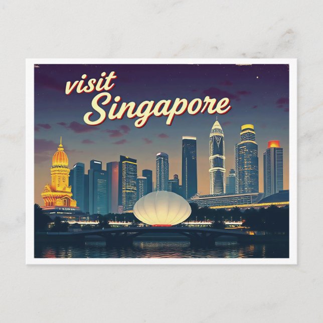 CARTÃO POSTAL VINTAGEM DE ARTE SKYLINE SINGAPURA (Frente)