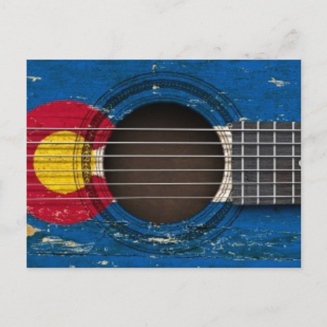 Cartão Postal Violão Acústico Antigo com Bandeira do Colorado (Frente)