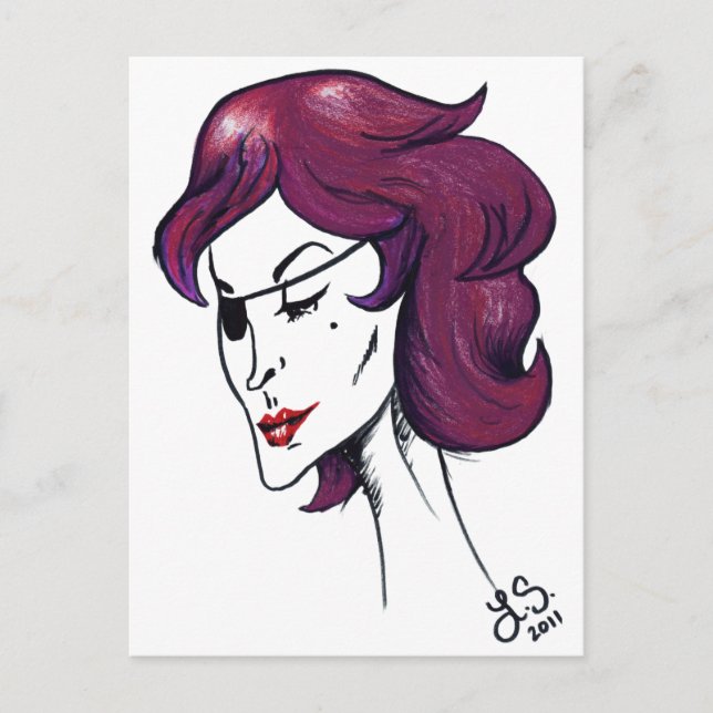 Cartão Postal Violet Pirate Lady Purple Hair Woman Drawing Art (Frente)