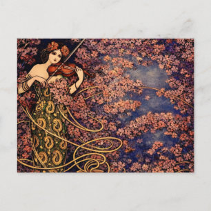 Cartão Postal Violinista Art Nouveau entre Flores – Floral Vinta