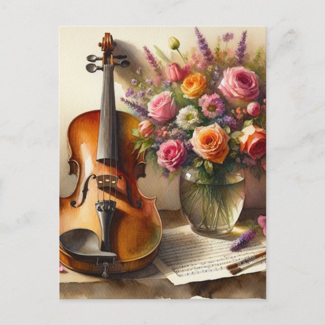 Cartão Postal Violino, Partitura e um Vaso de Flores  (Frente)