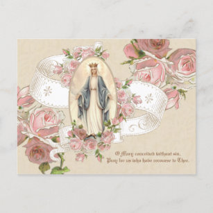 Cartão Postal Virgem Abençoada Maria Rosas Vintage Religiosa