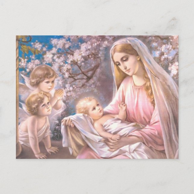 Cartão Postal Virgem Maria e Jesus Bebê com anjos rezando (Frente)