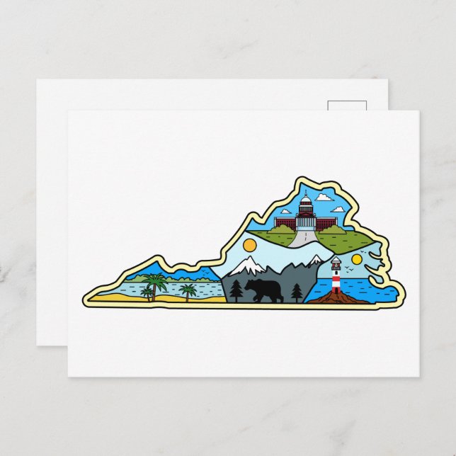 Cartão Postal Virginia Map Chesapeake Charlottesville Lynchburg (Frente/Verso)